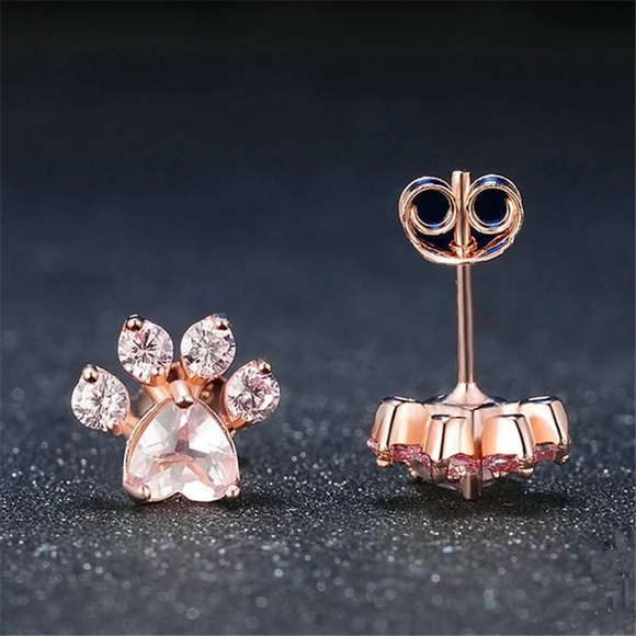 Rose Gold Plated Bear and Dog Paw Stud Earrings - Picture 3 of 4